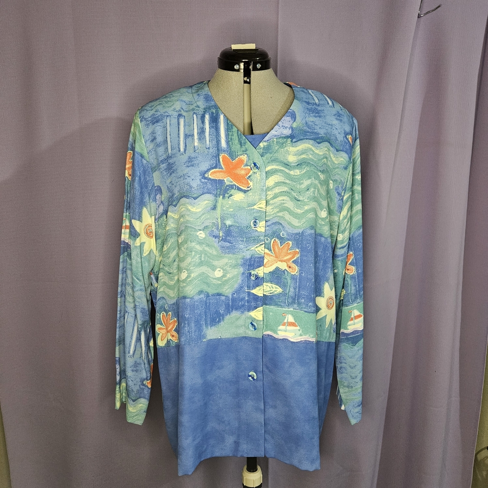Blue and Green Women's Blouse with Floral Design